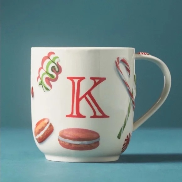 NWT Anthropologie HOLIFAYE Christmas Holiday MONOGRAM MUG Letter K - Picture 1 of 2